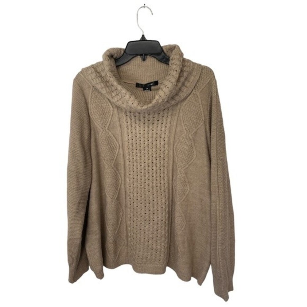 89th & Madison | Heathered Tan Open Knit Lightweight Cowl Neck Plus Size 2X